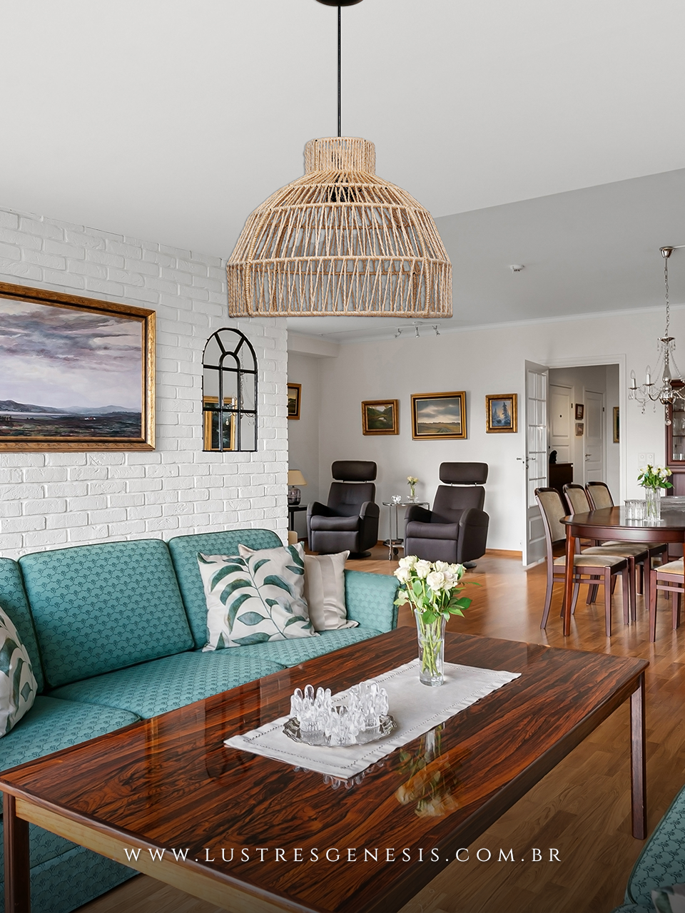 Luminária Pendente Palha Lanai Bege Natural Modelo Rústico 43cm para Sala de Jantar Sala de Estar Quarto Living